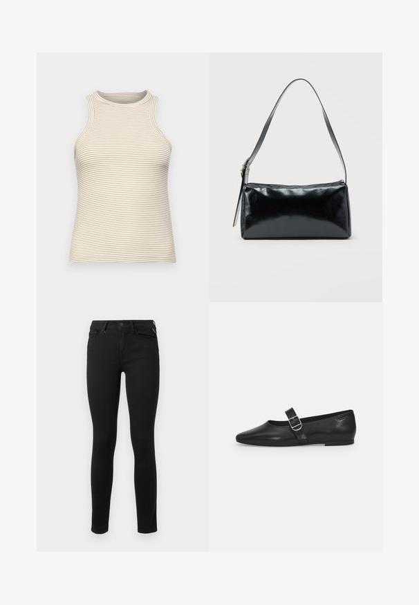 Udenærmet top med høj krave, lavet af tekstureret stof med tynde vandrette beige og hvide striber. Tætsiddende design, ingen synlig hårdware.; Sorte skinny jeans lavet af stræk denim. Har et klassisk fem-lomme design og standard metalknaplukning i taljen.; Sorte læder flade sko med rund tå, et enkelt justerbart spænde og en glat, blank overflade. Minimalistisk design med en lav hæl.; Sort rektangulær skuldertaske med en enkelt justerbar rem og lynlås i toppen på en ensfarvet baggrund.