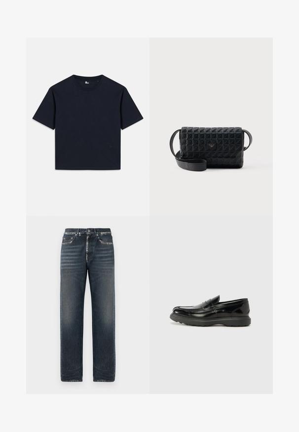 Karinablaues T-Shirt mit kurzen Ärmeln aus Baumwolle. Rundhalsausschnitt, gerader Saum und minimale Markenkennzeichnung in der unteren linken Ecke.; Dunkelblaue Denim-Jeans mit entspannter Passform, dezent ausgewaschen, mit geradem Bein und klassischem Fünf-Taschen-Design.; Schwarze Lederloafer mit glanzendem Finish, abgerundetem Zehenbereich, subtilen Steppnähten und einer dicken Gummisohle für Langlebigkeit.; Schwarze, strukturierte Umhängetasche mit Klappverschluss und kleinem Metalllogo auf der Vorderseite, vor einem schlichten Hintergrund präsentiert.