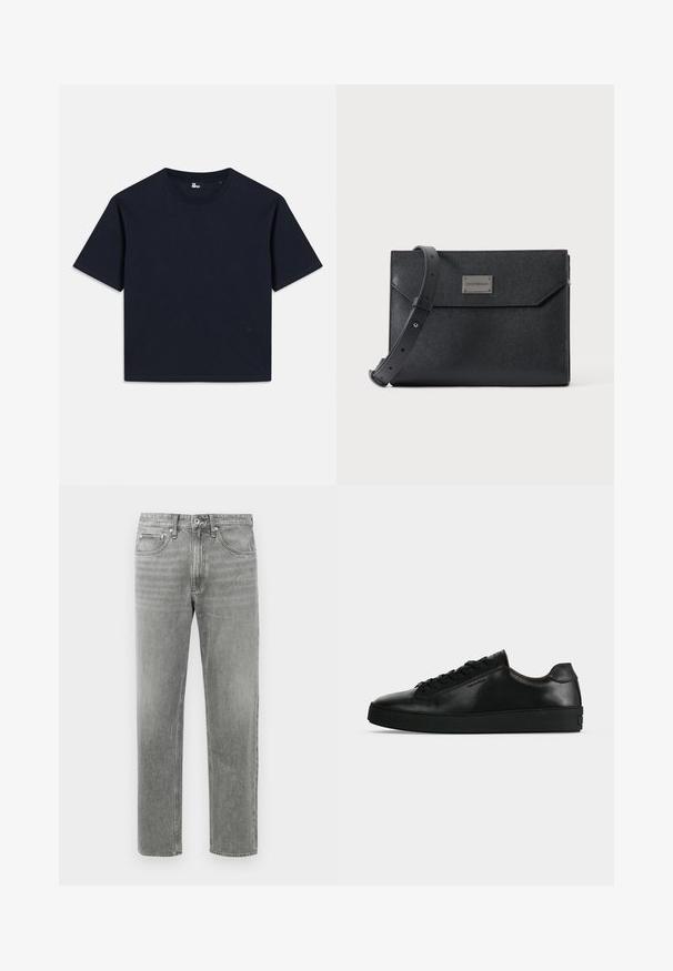 T-shirt à manches courtes bleu marine, en coton. Conception au col ras du cou avec une finition droite et un logo minimaliste en bas à gauche.; Jean en denim gris à coupe droite, avec un design classique à cinq poches et un léger dégradé pour la texture. Fermeture éclair standard.; Basket basse en cuir noir avec lacets noirs et semelle épaisse noire, vue de profil sur fond gris clair.; Sac bandoulière en cuir noir texturé avec sangle réglable et plaque logo métallique à l'avant, fermeture à rabat rectangulaire de style enveloppe.
