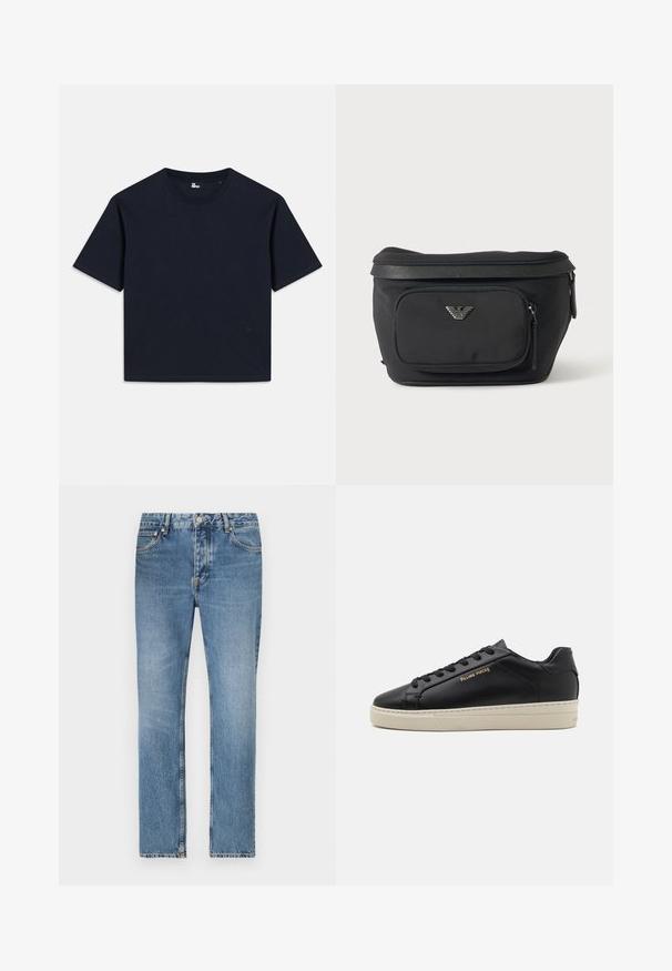 T-shirt à manches courtes bleu marine, en coton. Conception au col ras du cou avec une finition droite et un logo minimaliste en bas à gauche.; Jean en denim bleu clair avec une coupe droite, cinq poches et une fermeture à glissière. Détails de décoloration et de couture distincts.; Sneaker en cuir noir avec une finition lisse, semelle crème contrastante, bout arrondi, logo doré sur le côté et six œillets pour les lacets.; Sac banane noir avec poche avant zippée et logo aigle argenté, tissu lisse avec bordure texturée et tirettes de fermeture éclair.