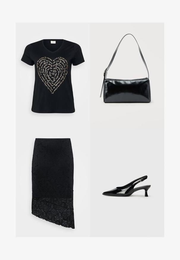 Zwart V-hals T-shirt met een hartvormig tekstontwerp in lichtbeige, met woorden over liefde, medeleven en toewijding in cursief.; Zwarte rok met een gestructureerd paisleypatroon, asymmetrische zoom en kantafwerking aan de onderkant. Gemaakt van een zachte, rekbare stof.; Zwarte lakleren slingback schoenen met een spitse neus en een lage blokhak. Verstelbare gespband bij de enkel.; Zwarte rechthoekige schoudertas met een enkele verstelbare band en een bovenste ritssluiting op een effen achtergrond.