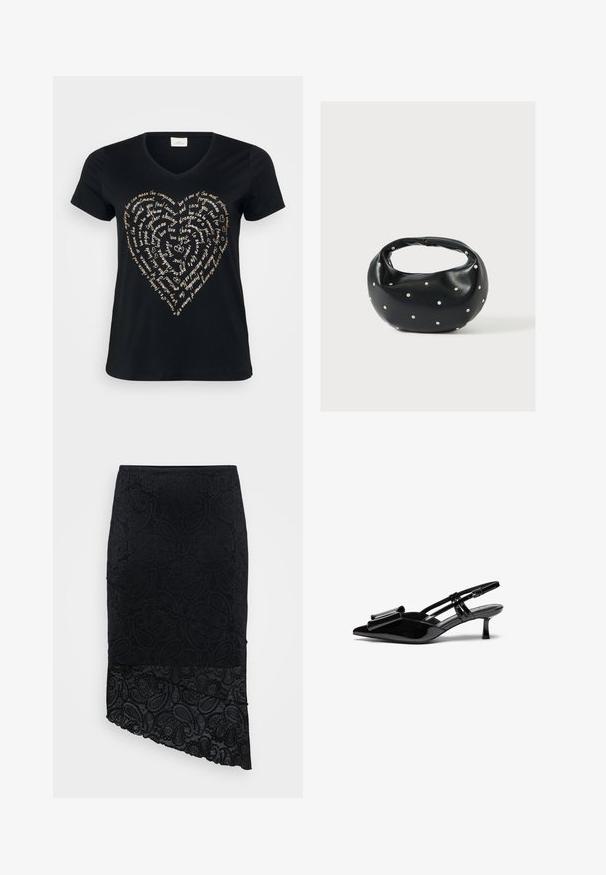 Sort V-hals T-shirt med et hjerteformet tekstdesign i lys beige, der indeholder ord om kærlighed, medfølelse og forpligtelse i kursiv.; Sort nederdel med et tekstureret paisley-mønster, asymmetrisk kant og blondekant forneden. Lavet af et blødt, strækbart stof.; Sorte patenterede læderslingbacks med spids tå, en sløjfedetalje foran og en lille stilettohæle. Remmene har justerbare spænder.; Sort læderhåndtaske med en rundet form, dekoreret med sølvnitter, og et kort håndtag. Glat tekstur og lynlåslukning.
