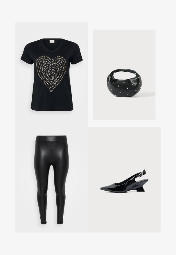 Zwart V-hals T-shirt met een hartvormig tekstontwerp in lichtbeige, met woorden over liefde, medeleven en toewijding in cursief.; Zwarte leggings van een glad, glanzend materiaal. Hoge tailleband, strakke pasvorm en geen zichtbare naden of patronen.; Zwarte lakleren slingback schoen met spitse neus en lage schuine blokhak op een effen lichte achtergrond.; Zwarte leren handtas met een afgeronde vorm, versierd met zilveren studs, en een korte handgreep. Gladde textuur en ritsluiting.