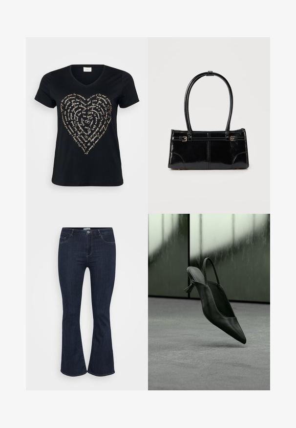 Schwarzes V-Ausschnitt-T-Shirt mit einem herzförmigen Textdesign in hellbeige, das Worte über Liebe, Mitgefühl und Engagement in Schreibschrift zeigt.; Dunkelblaue, hoch taillierte Jeans aus Denim mit schmalem Oberschenkel und leicht ausgestelltem Beinende, ausgestattet mit Fronttaschen und einem Knopfverschluss.; Schwarzer Slingback-Highheel aus Leder mit spitzer Schuhspitze, schwebt über grauem Teppichboden, unscharfer grünlicher Wandhintergrund.; Glänzende schwarze rechteckige Handtasche mit zwei dünnen Schulterriemen und kleinen goldenen Schnallen vorne.
