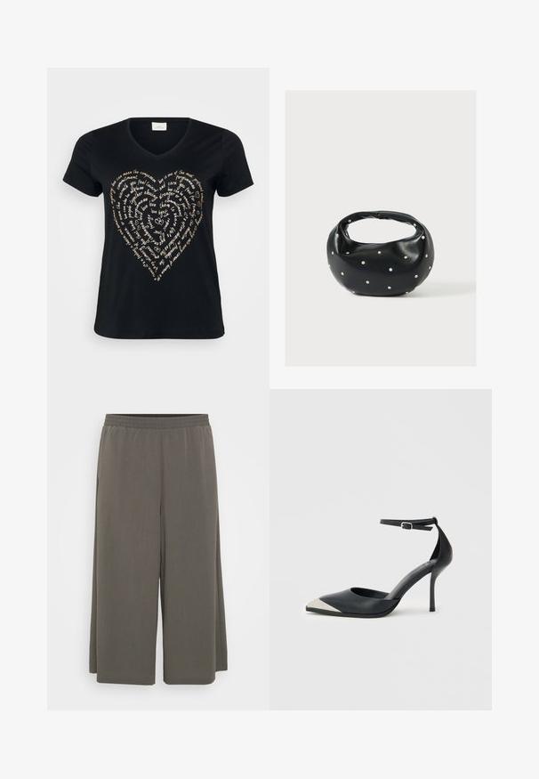 T-shirt noir à col en V avec un design de texte en forme de cœur en beige clair, comportant des mots sur l'amour, la compassion et l'engagement en écriture cursive.; Pantalons larges gris avec une taille élastique, fabriqués dans un tissu doux et léger, présentant une texture lisse et sans motifs visibles.; Chaussure à talon haut noire à bout pointu avec embout métallique argenté et bride à la cheville avec fermeture à boucle sur fond blanc.; Sac à main en cuir noir de forme arrondie, décoré de clous argentés et équipé d'une poignée courte. Texture lisse et fermeture éclair.