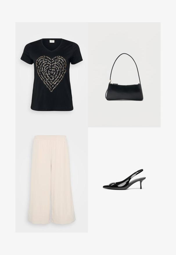 Camiseta negra de cuello en V con un diseño de texto en forma de corazón en beige claro, que presenta palabras sobre amor, compasión y compromiso en cursiva.; Pantalones de pierna ancha en un beige claro, confeccionados en una suave tela texturizada. Cintura elástica con un acabado limpio en el dobladillo. Diseño sencillo sin bolsillos.; Tacones slingback de charol negro con punta afilada y acabado brillante. Presentan un tacón delgado y un acento redondeado en el empeine.; Bolso rectangular negro con una correa fina y cierre de cremallera, sobre un fondo blanco liso.