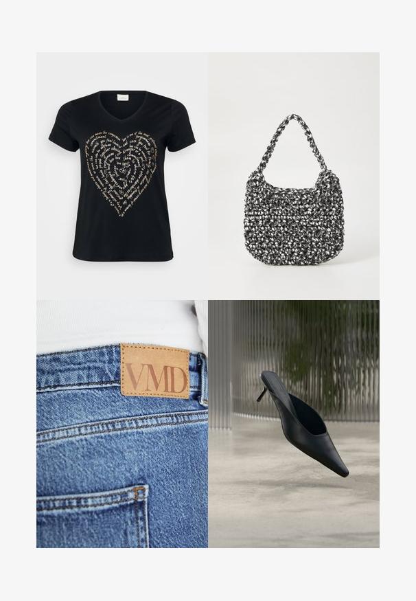 T-shirt noir à col en V avec un design de texte en forme de cœur en beige clair, comportant des mots sur l'amour, la compassion et l'engagement en écriture cursive.; Gros plan sur un jean en denim bleu avec une étiquette en cuir marron cousue sur la ceinture affichant le texte "VMD".; Mule noire à bout pointu avec un talon fin et haut flottant au-dessus d'un sol en béton lisse, avec un arrière-plan flou à rayures verticales.; Sac en osier noir et blanc de forme arrondie, avec une surface texturée et une poignée tressée. Convient à un usage décontracté.