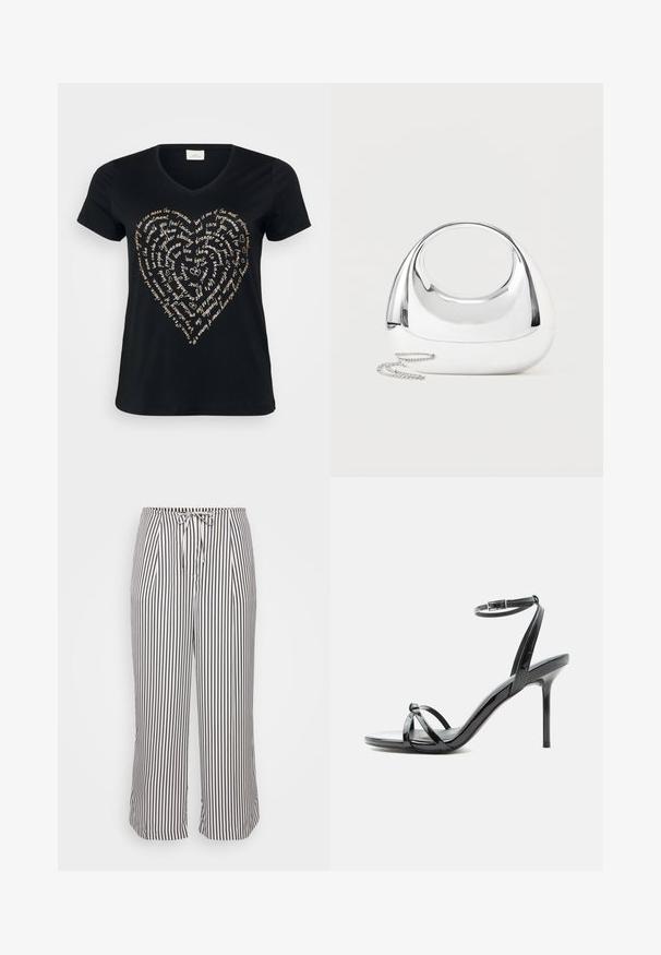 Camiseta negra de cuello en V con un diseño de texto en forma de corazón en beige claro, que presenta palabras sobre amor, compasión y compromiso en cursiva.; Pantalones cortos con cintura elástica, con rayas verticales en navy y blanco, presentados sobre un fondo blanco liso.; Sandalia de tacón alto de charol negro con tiras finas que cruzan los dedos y una correa con hebilla en el tobillo sobre un fondo blanco.; Bolso metálico plateado brillante con forma redondeada, asa ovalada recortada y una correa de cadena plateada sobre un fondo claro liso.