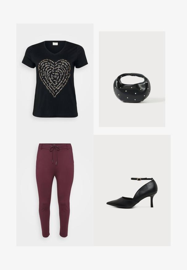 T-shirt noir à col en V avec un design de texte en forme de cœur en beige clair, comportant des mots sur l'amour, la compassion et l'engagement en écriture cursive.; Pantalons extensibles bordeaux avec une taille à cordon de serrage, présentant une coupe ajustée et des jambes fuselées, affichés sur un fond blanc.; Chaussure en cuir noir à bout pointu avec talon kitten, bride à la cheville et boucle dorée sur fond neutre.; Sac à main en cuir noir de forme arrondie, décoré de clous argentés et équipé d'une poignée courte. Texture lisse et fermeture éclair.