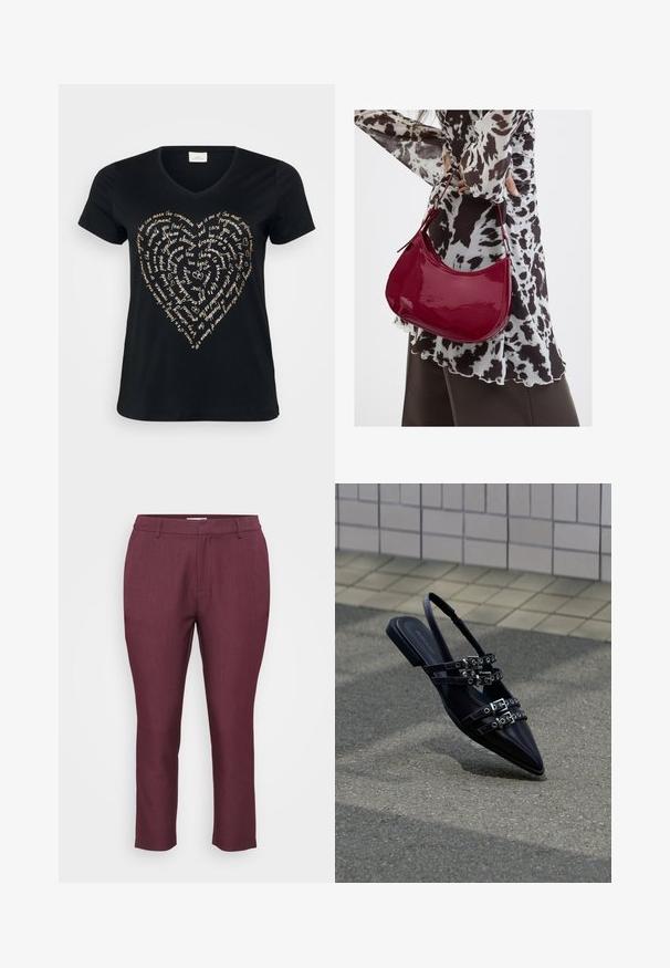 Sort V-hals T-shirt med et hjerteformet tekstdesign i lys beige, der indeholder ord om kærlighed, medfølelse og forpligtelse i kursiv.; Marron skræddersyede bukser lavet af tekstureret stof, der har flad front, bæltestropper og tætsiddende ben med en cropped længde.; Sort flad sandal med spids tå, flere remme med spænder og slingback, placeret over et belagt underlag og flisevæg som baggrund.; Kvinde iført en sort- og hvidmønstret bluse, der holder en blank rød skuldertaske mod en ensfarvet baggrund.