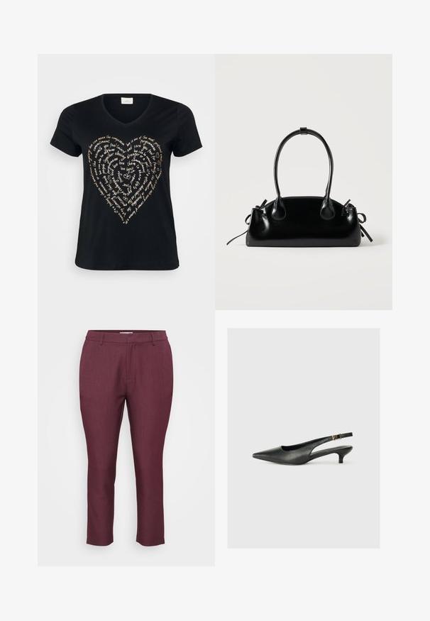 Sort V-hals T-shirt med et hjerteformet tekstdesign i lys beige, der indeholder ord om kærlighed, medfølelse og forpligtelse i kursiv.; Marron skræddersyede bukser lavet af tekstureret stof, der har flad front, bæltestropper og tætsiddende ben med en cropped længde.; Sorte spidse slingback-sko lavet af glat læder. Har en tynd hæl og en spænde detalje på den justerbare rem.; Lille sort blank håndtaske med to lange håndtag og snøre-detaljer i siden på en ensfarvet lys baggrund.