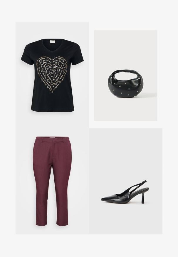 Sort V-hals T-shirt med et hjerteformet tekstdesign i lys beige, der indeholder ord om kærlighed, medfølelse og forpligtelse i kursiv.; Marron skræddersyede bukser lavet af tekstureret stof, der har flad front, bæltestropper og tætsiddende ben med en cropped længde.; Sort læderslagback højhælet sko med spids tå og slank hæl på en hvid baggrund.; Sort læderhåndtaske med en rundet form, dekoreret med sølvnitter, og et kort håndtag. Glat tekstur og lynlåslukning.