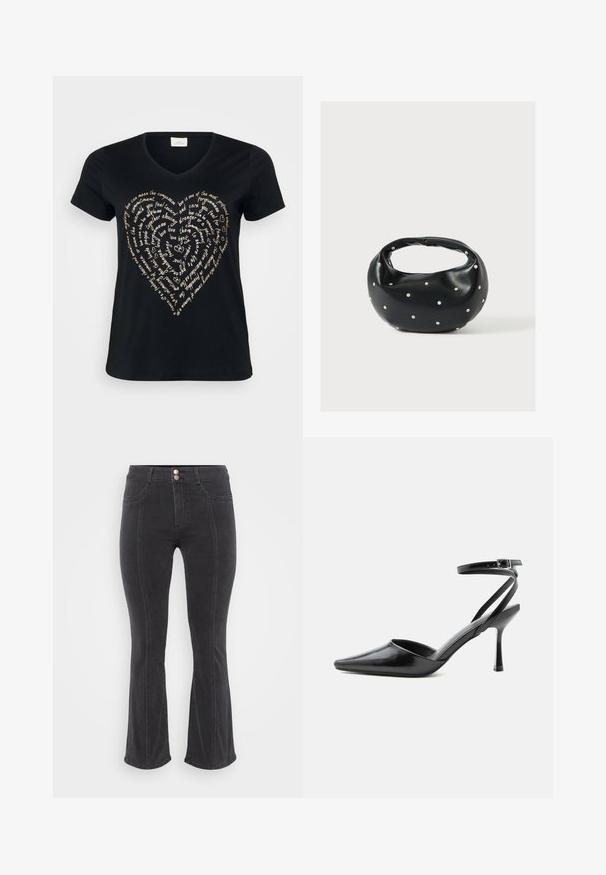 Sort V-hals T-shirt med et hjerteformet tekstdesign i lys beige, der indeholder ord om kærlighed, medfølelse og forpligtelse i kursiv.; Sorte denim jeans med flared ben og høj talje, der har to forlommer og dobbeltknaplukning, glat tekstur og minimale syninger.; Sort spids højhælet sko med tynde ankelremme og sølvspænde på en ensfarvet lys baggrund.; Sort læderhåndtaske med en rundet form, dekoreret med sølvnitter, og et kort håndtag. Glat tekstur og lynlåslukning.