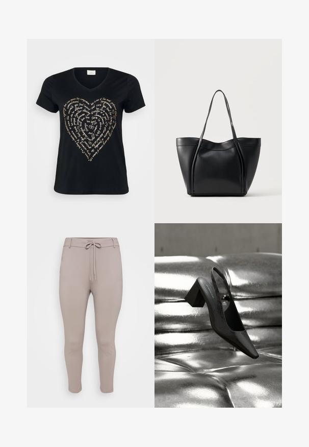 T-shirt noir à col en V avec un design de texte en forme de cœur en beige clair, comportant des mots sur l'amour, la compassion et l'engagement en écriture cursive.; Pantalons de jogging ajustés, beige clair, avec une taille élastique à cordon de serrage et des jambes fuselées, présentés sur un fond uni.; Escarpin noir à bride arrière avec bout pointu, présentant une surface texturée et un talon bloc épais. Posé sur un fond métallique brillant.; Sac cabas en cuir noir avec deux longues anses et un bord supérieur légèrement incurvé, présenté sur un fond clair uni.
