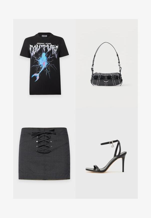 T-shirt noir Versace Jeans Couture avec logo métallique et graphisme éclair bleu et rose ressemblant à une surface fissurée et une queue de sirène.; Mini-jupe gris foncé avec un détail de laçage à l'avant et des accessoires métalliques. Texture lisse, silhouette ajustée et taille mi-haute.; Sandale à talon haut noire avec une bride étroite à la cheville, bout carré, cuir lisse et accent de boucle métallique.; Sac d'épaule en cuir verni noir orné de clous argentés disposés en rangées verticales et d'un petit emblème d'oiseau argenté au centre devant.