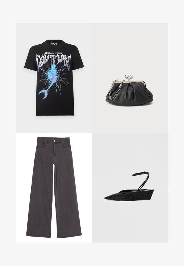Sort Versace Jeans Couture t-shirt med metallisk logo og blå, pink lyn-grafik, der ligner en revnet overflade og en havfruetale.; Bredde ben sorte denim jeans lavet af bomuldsstof. Har fem lommer, en knaplukning foran og lige søm. Glat tekstur.; Sort kilehælesko med spids tå, tekstureret overdel og ankelrem. Har en subtil glans med en glat indvendig foring.; Sort læder clutch med samlet tekstur, sølvfarvet metalramme, kys-lås lukning og kædestrop. Glat, blød overflade.