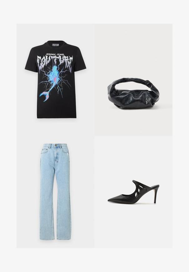 Μαύρο t-shirt Versace Jeans Couture με μεταλλικό λογότυπο και μπλε, ροζ γραφικό αστραπής που μοιάζει με ραγισμένη επιφάνεια και ουρά γοργόνας.; Ανοιχτό μπλε τζιν παντελόνι με ίσια γραμμή, διαθέτει φερμουάρ, πέντε τσέπες και λεπτομέρειες με απαλές τριβές.; Μαύρες δερμάτινες μπαλαρίνες με ψηλό τακούνι, με μυτερή μύτη, σχέδιο με κομμένα πλαϊνά και γυαλιστερή υφή. Τακούνι στιλέτο και διακριτική λεπτομέρεια ραψίματος.; Μαύρη τσάντα φτιαγμένη από γυαλιστερό, υφασμάτινο υλικό με κυκλική, στροβιλισμένη λαβή και κλείσιμο με φερμουάρ. Διαθέτει ένα μαλακό, ζαρωμένο σχέδιο.