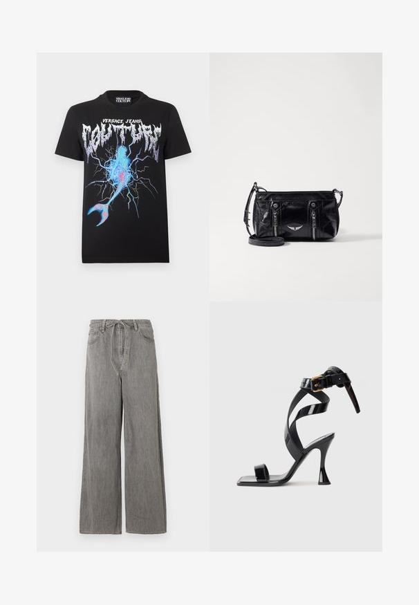 Čierne tričko Versace Jeans Couture s metalickým logom a modro-ružovou bleskovou grafikou pripomínajúcou popraskaný povrch a morský chvost.; Široké sivé denimové nohavice s vysokým pásom, s opaskom na sťahovanie, dvoma prednými vreckami a jemnými stehmi.; Čierne lakované sandále na vysokom podpätku so štvorcovou špičkou, popruhom okolo členka a zlatou pribinou na bielom pozadí.; Čierna kabelka cez telo z faux kože s uzatvárateľnými vreckami, ozdobným strieborným emblémom a nastaviteľným popruhom. Lesklý povrch a kompaktný tvar.