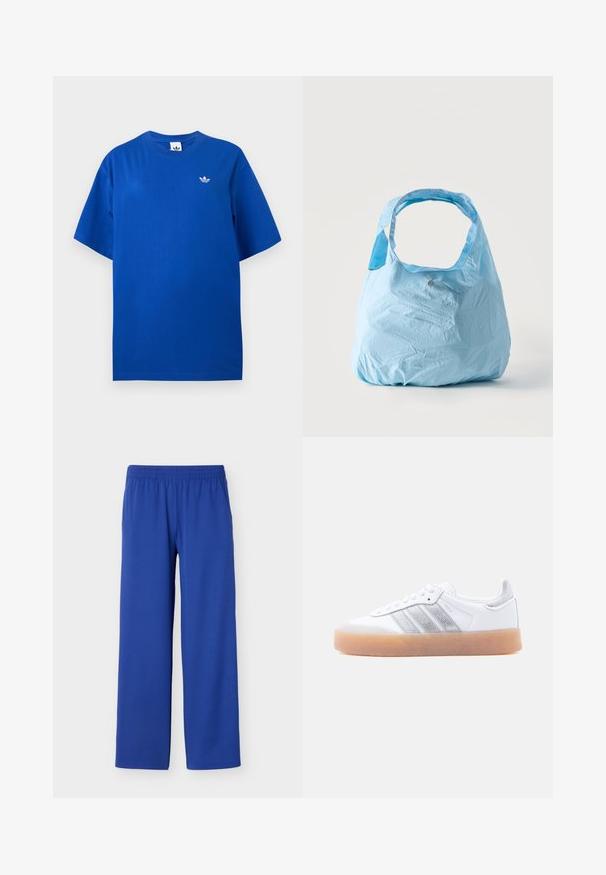 Μπλε κοντομάνικο T-shirt Adidas με στρογγυλή λαιμόκοψη και μικρό λευκό λογότυπο Adidas trefoil στο αριστερό μέρος του στήθους.; Μπλε παντελόνια με ίσια γραμμή και ελαστική μέση, κατασκευασμένα από λείο ύφασμα, απεικονίζονται σε απλό φωτεινό φόντο.; Λευκό χαμηλό παπούτσι με καουτσούκ σόλα, ασημένιες ρίγες στα πλαϊνά και κλείσιμο με κορδόνια, απεικονίζεται σε απλό φωτεινό φόντο.; Ανοιχτό μπλε επαναχρησιμοποιήσιμη τσάντα για ψώνια με φαρδιές λαβές, με ελαφρά τσαλακωμένο ύφασμα, όρθια σε ένα απλό λευκό φόντο.