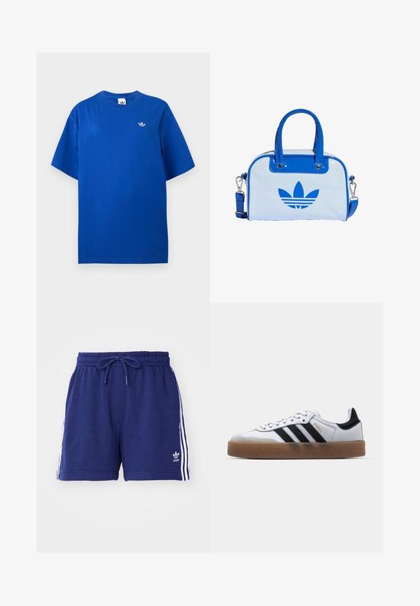 Blå Adidas T-shirt med korte ærmer og rund halsudskæring med lille hvid Adidas trefoil-logo på venstre bryst.; Mørkeblå træningsshorts med snøre i taljen, præget af hvide sidelister og et broderet logo nederst til venstre. Blødt stof.; Hvide lædersneakers med sorte striber, gummirubber sål, rund tå, snørelukning og blød grå ruskinds tåhætte.; Blå og hvid håndtaske med blank overflade, der har to blå håndtag, en aftagelig skulderrem og en markant blå logo på forsiden.