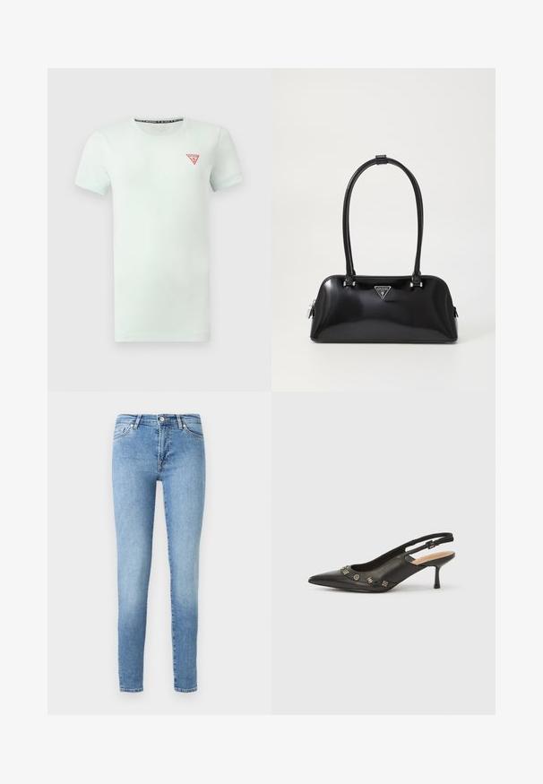 Camiseta blanca lisa de manga corta con un pequeño logo triangular rojo de Guess en el pecho izquierdo y un cuello redondo.; Vaqueros ajustados de color azul claro, hechos de mezclilla, que presentan un clásico diseño de cinco bolsillos, un ligero desvanecimiento y una cinturilla estándar con cremallera.; Zapato de tacón con talón descubierto en piel negra, punta puntiaguda, tacón pequeño y detalles metálicos decorativos a lo largo de la abertura frontal. Textura lisa.; Bolso de mano negro brillante con una silueta curva, dos asas y una placa de logo en la parte frontal. Cierre de cremallera y acentos de hardware brillante.