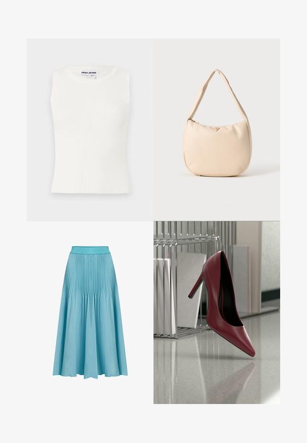 Biele bezrukávové rebrované tričko s okrúhlym výstrihom, vyrobené z elastického materiálu. Na golieri sa nachádza štítok s nápisom "DKNY JEANS".; Plisovaná midi sukňa v svetlom modrom odtieni. Má široký pás, splývavý tvar a vertikálne plisovanie, ktoré pridáva textúru a pohyb.; Jeden červený kožený vysoký podpätok vyvážený na päte na odrazovej podlahe neďaleko kovového stojana na súbory s bielymi zložkami.; Béžová hobo taška vyrobená z hladkého syntetického materiálu, s zakriveným tvarom, jedným uchom a subtílnym logom na prednej strane. Zipsové uzatváranie.