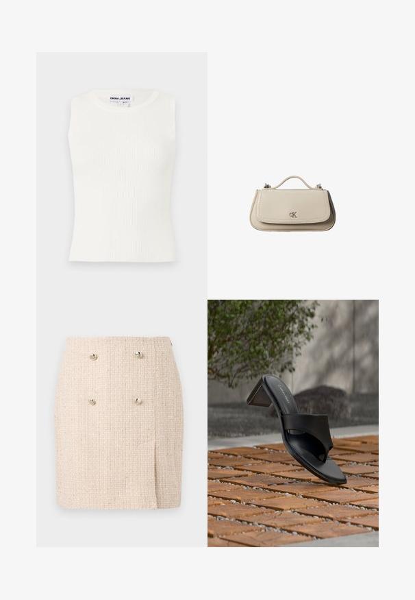 Hvid ærmeløs ribbet top med en rund halsudskæring, lavet af strækbart stof. Har et label med teksten "DKNY JEANS" ved kraven.; Beige tekstureret nederdel med et vævet mønster, der har to markante sølvknapper foran og en let asymmetrisk kant.; Sort Calvin Klein hælet sandal med tå-loop på trægulv udendørs nær et træ og en stenmur.; Lille beige læderhåndtaske med top håndtag og sølv CK-logo på frontklap, vist mod en hvid baggrund.
