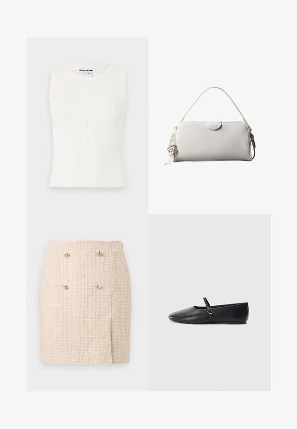 Top blanco sin mangas de tejido acanalado con escote redondo, hecho de tela elástica. Presenta una etiqueta que dice "DKNY JEANS" en el cuello.; Falda texturizada beige con un patrón tejido, que presenta dos botones plateados prominentes en la parte delantera y un dobladillo ligeramente asimétrico.; Bailarinas de cuero negro con punta afilada, suela plana y una pequeña correa con detalle de hebilla plateada.; Bolso rectangular blanco de Calvin Klein con un solo asa, diseño minimalista y borlas decorativas con un charm metálico geométrico en el lateral.