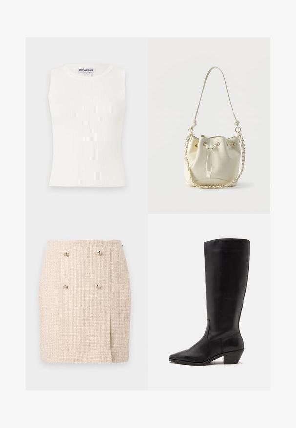 Hvid ærmeløs ribbet top med en rund halsudskæring, lavet af strækbart stof. Har et label med teksten "DKNY JEANS" ved kraven.; Beige tekstureret nederdel med et vævet mønster, der har to markante sølvknapper foran og en let asymmetrisk kant.; Sort læderstøvle til midtkalv med spids tå og lavt skråt hæl på en enkel lys baggrund.; Hvid læder bucket-taske med snørelukning, flettet kæde og læder skulderrem samt guldfarvede øjer.