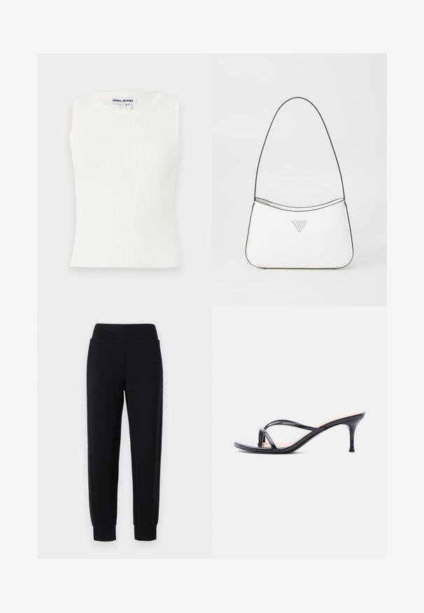 Top blanco sin mangas de tejido acanalado con escote redondo, hecho de tela elástica. Presenta una etiqueta que dice "DKNY JEANS" en el cuello.; Pantalones deportivos negros con piernas ajustadas, que cuentan con una amplia cinturilla elástica y paneles laterales texturizados. Hechos de un material suave y elástico.; Sandalia de tacón de charol negro con tiras finas cruzadas y un tacón de aguja delgado de altura media, sobre un fondo blanco.; Bolso de mano blanco con un diseño elegante y curvado, que cuenta con una delgada correa negra y un acento de logotipo triangular plateado. Textura suave y un detalle mínimo.
