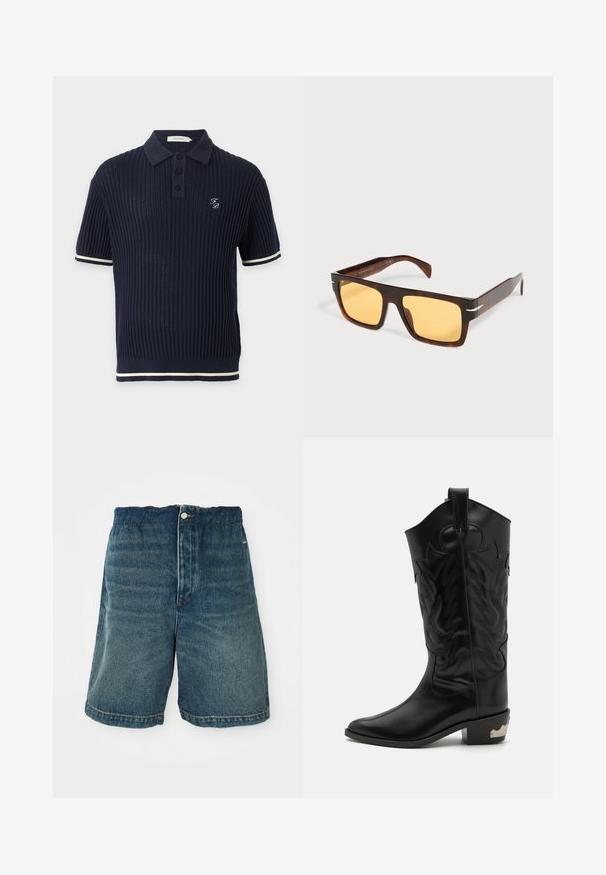 Marineblaues, geripptes Poloshirt mit kurzen Ärmeln und drei Knöpfen, weißer Besatz an Ärmeln und Saum sowie kleinem weiß besticktem Logo auf der Brust.; Dunkelblaue Denim-Shorts mit lockerer Passform, Knopfverschlüsse und sichtbaren Nähten an Saum und Taschen.; Schwarze Leder-Cowboy-Stiefel mit filigranen eingestanzten Designs, spitzer Zehenform und niedrigem, gestapeltem Absatz mit metallischen Akzenten.; Rechteckige Schildpatt-Sonnenbrille mit breitem Rahmen und gelben Gläsern auf weißem Hintergrund.