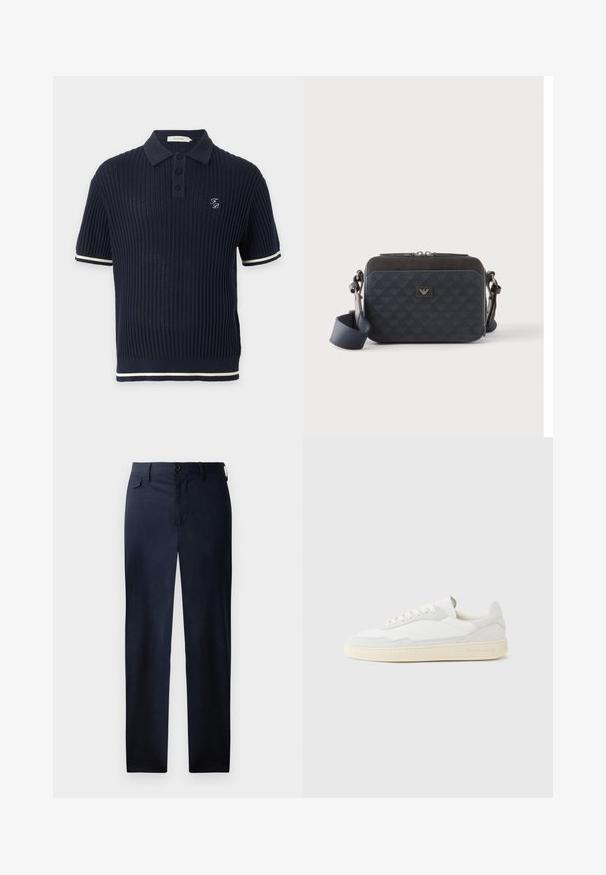 Marineblauwe geribde korte mouwen polo met drie knopen, witte bies op mouwen en zoom en klein wit geborduurd logo op de borst.; Marineblauwe, rechte broek gemaakt van soepel materiaal. Voorzien van een rits en knoopsluiting, en een subtiele zijzak. Geen zichtbare patronen.; Witte sneaker met een bovenwerk van gestructureerd suède en leer. Voorzien van een afgeronde neus, vetersluiting en een contrasterende beige rubberen zool.; Rechthoekige donkerblauwe crossbodytas met verstelbare riem, ritssluiting en subtiel logopatroon op het voorpaneel.