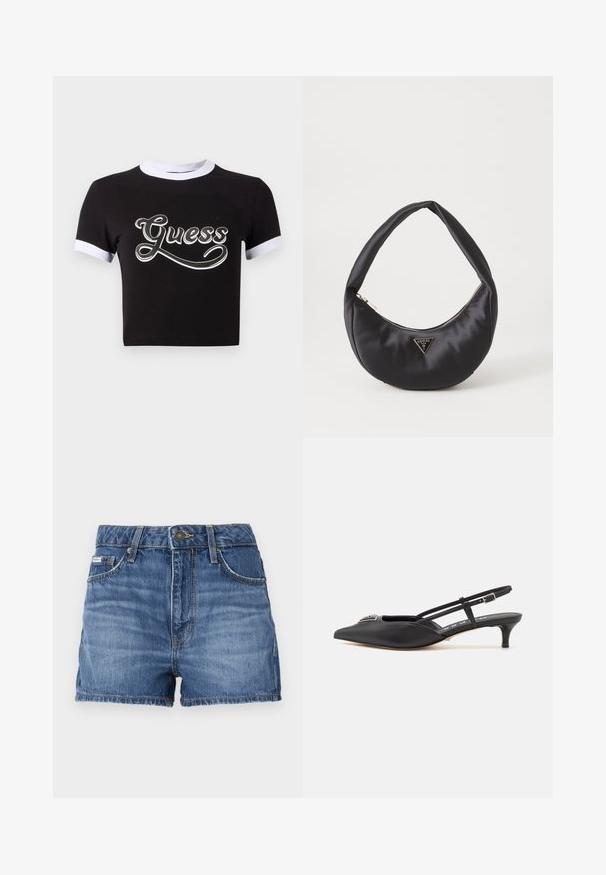 Zwart crop top van katoen met witte accenten op de kraag en mouwen. Heeft een groot wit "Guess" logo op de voorkant.; Denim shorts in medium blue, met een vijf-pocket ontwerp, riemlussen en een gefranjerde zoom. Standaard knoop- en ritssluiting.; Zwarte slingback schoenen met een puntige neus, gemaakt van glad materiaal, met een kleine hak en een decoratieve zilverkleurige accent op de wreef.; Zwarte satin handtas met een gebogen vorm, voorzien van een ritssluiting en een driehoekig metalen logo aan de voorkant. Gladde textuur en een slank ontwerp.