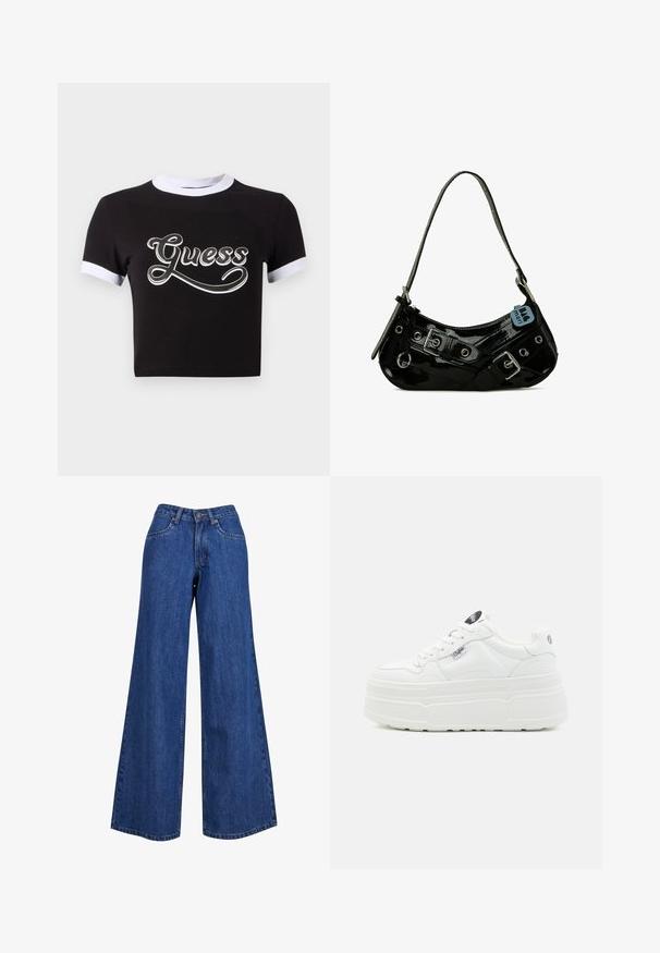 Schwarzes Crop-Top aus Baumwolle mit weißen Akzenten am Kragen und an den Ärmeln. Auf der Vorderseite befindet sich ein großes weißes "Guess"-Logo.; Weite Jeans aus Denim in mittelblau, mit hoher Taille, kontrastierenden Nähten und klassischem Fünf-Taschen-Design.; Weiße Plattform-Sneaker mit einer glatten synthetischen Oberfläche, rundem Zehenbereich, gepolstertem Kragen und strukturiertem Profil. Mit einem kontrastierenden Logo-Tag.; Schwarze Lackleder-Handtasche mit geschwungener Form, ausgestattet mit silbernem Beschlag, dekorativen Schnallen und einem kurzen Griff. Blaue Anhängeschild befestigt.