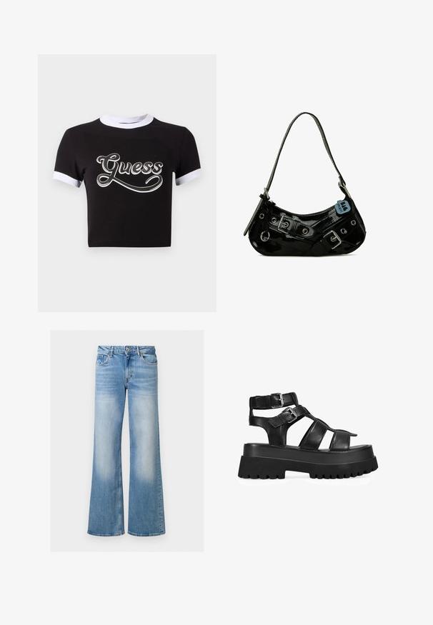 Top corto negro de algodón con acentos blancos en el cuello y las mangas. Presenta un gran logo blanco de "Guess" en el frente.; Jeans de mezclilla azul claro acampanados con una textura desteñida, cintura alta y diseño de cinco bolsillos, con cierre de botón y cremallera.; Sandalias de plataforma de cuero negro con múltiples correas, hebillas ajustables y una suela de goma gruesa y texturizada. Presentan elementos de diseño recortados.; Bolso de mano de charol negro con forma curva, que presenta herrajes plateados, hebillas decorativas y una correa corta. Etiqueta azul adjunta.