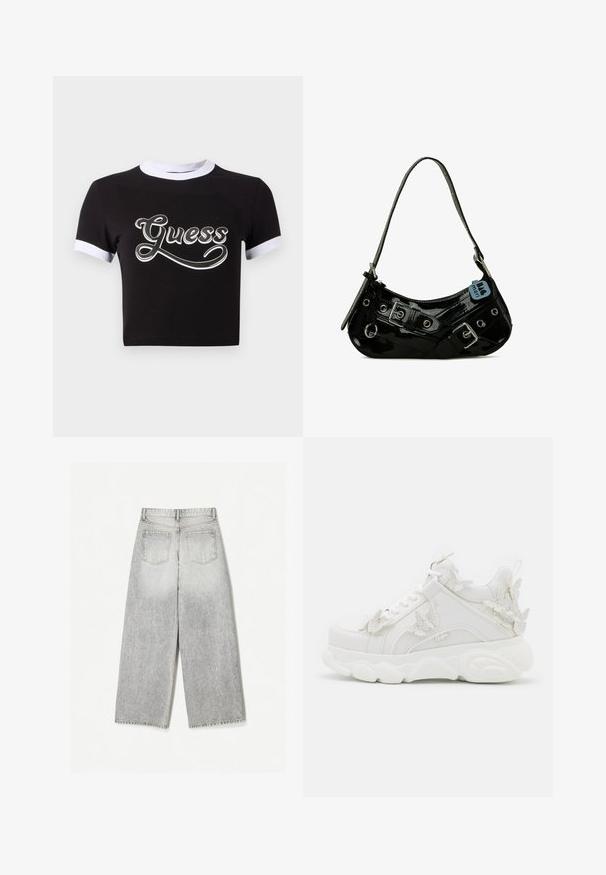 Sort crop top lavet af bomuld med hvide detaljer på krave og ærmer. Har et stort hvidt "Guess" logo på forsiden.; Løse grå denim jeans med et falmet udseende, med to baglommer og rå kanter.; Hvid chunky sneaker med tyk sål og dekorative 3D sommerfugle detaljer på siden, snørebånd og hæl.; Sort lakeret skuldertaske med en buet form, udsmykket med sølvhardware, dekorative spænder og en kort rem. Blå mærkat vedhæftet.