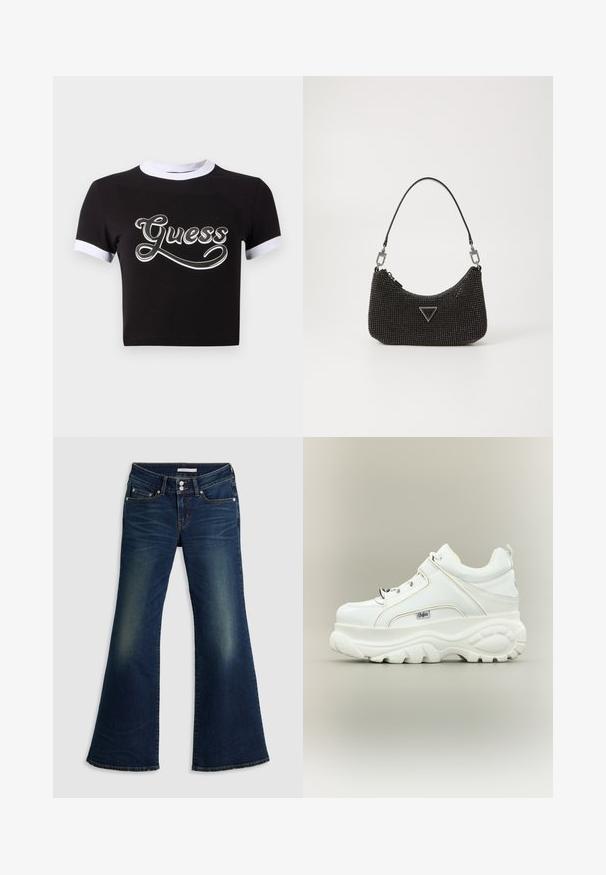 Schwarzes Crop-Top aus Baumwolle mit weißen Akzenten am Kragen und an den Ärmeln. Auf der Vorderseite befindet sich ein großes weißes "Guess"-Logo.; Dunkelblaue Jeans im Super-Low-Flare-Schnitt mit Front- und Gesäßtaschen, doppeltem Knopfverschluss und verwaschenen Details an Oberschenkeln und Knien.; Weißer Plateausneaker mit dicker klobiger Sohle, Schnürung vorne und Buffalo-Markenlogo an der Seite, von der Außenseite gezeigt.; Schwarze Perlenhandtasche mit geschwungener Form, ausgestattet mit einem einzigen Ledertragegurt, dreieckigem Logodesign und Reißverschluss.