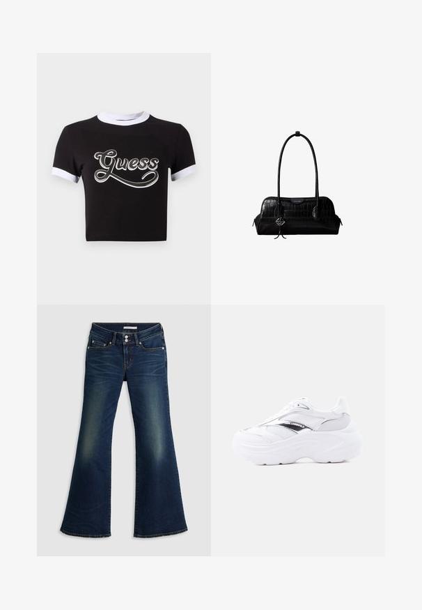 Sort crop top lavet af bomuld med hvide detaljer på krave og ærmer. Har et stort hvidt "Guess" logo på forsiden.; Mørkeblå denim superlow flare jeans med for- og baglommer, dobbelt knappelukning og slidte detaljer på lår og knæ.; Hvid chunky sneaker med mesh og læder øvre, tyk sål, metalisk sølvdetalje og "Karl Lagerfeld" branding på siden.; Sort skuldertaske i krokodillelæder med lange stropper og lille sølvlogo-charm på den ene strop.
