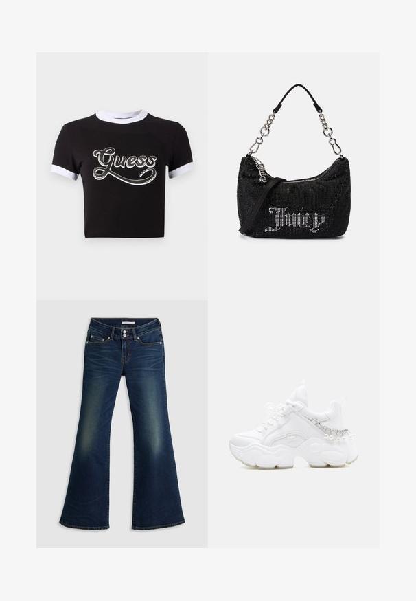 Zwart crop top van katoen met witte accenten op de kraag en mouwen. Heeft een groot wit "Guess" logo op de voorkant.; Donkerblauwe spijkerbroek met superlage flare, voorzien van voor- en achterzakken, dubbele knoopsluiting en vervaagde details op de bovenbenen en knieën.; Witte chunky sneaker met dikke zool, veters aan de voorkant en kettinkdetail met hangende parels op de hiel.; Zwarte tas met rhinestone versieringen, een gebogen vorm en een zilveren kettinghandvat. Voorzien van een rits en het "Juicy" logo in het wit.