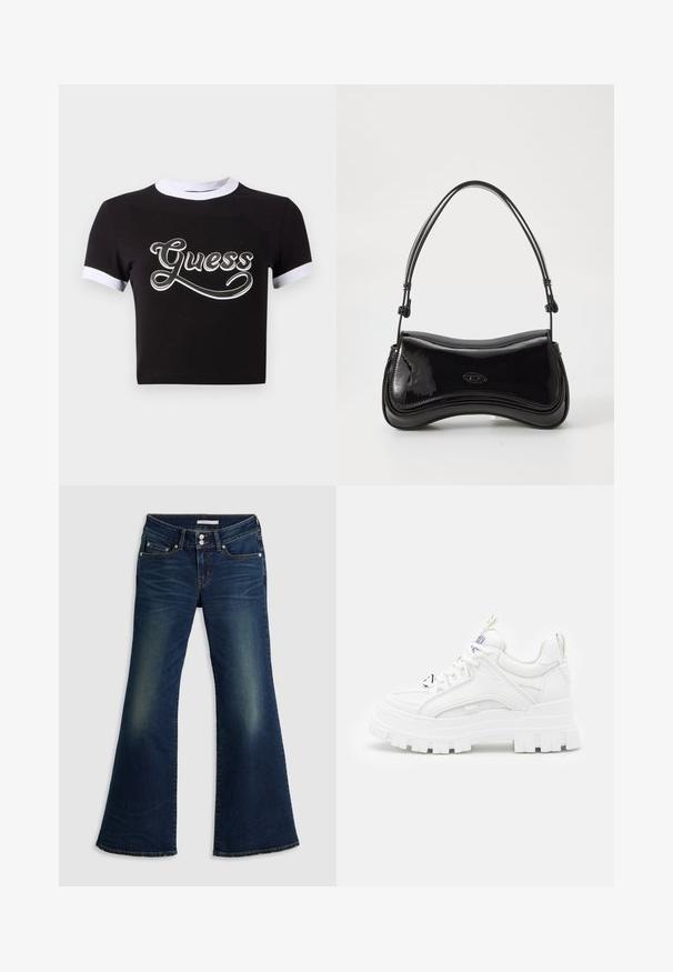 Zwart crop top van katoen met witte accenten op de kraag en mouwen. Heeft een groot wit "Guess" logo op de voorkant.; Donkerblauwe spijkerbroek met superlage flare, voorzien van voor- en achterzakken, dubbele knoopsluiting en vervaagde details op de bovenbenen en knieën.; Witte chunky sneakers met een textuur bovenkant, gevoerde kraag en dikke, gegroefde zool. Voorzien van contrasterende zwarte veters en merkaanduiding.; Zwarte laarzen van patentleer met een gebogen vorm, een enkele handgreep en een ronde bodem. Beschikt over een subtiele logodetail aan de voorkant.