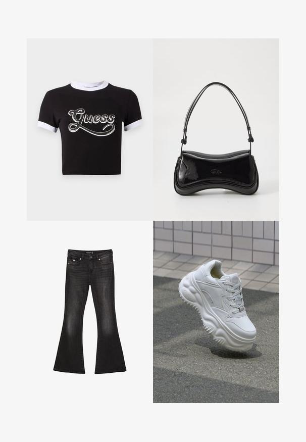 Sort crop top lavet af bomuld med hvide detaljer på krave og ærmer. Har et stort hvidt "Guess" logo på forsiden.; Sorte denim flare jeans med mid-waist, der har fem lommer, kontrasterende syninger og hardware i sølvfarve.; Hvide lædersneakers med en kraftig sål, teksturerede detaljer og snørelukning. Har formede accenter og en glat finish.; Sort patentlæder håndtaske med en buet form, et enkelt håndtag og en rund bund. Har en subtil logo-detalje på forsiden.