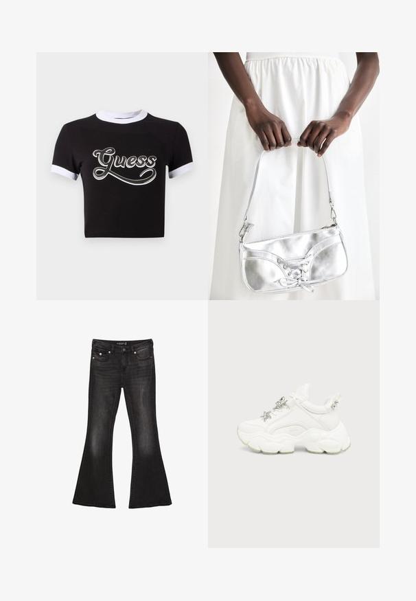 Crop top noir en coton avec des accents blancs sur le col et les manches. Présente un grand logo "Guess" blanc à l'avant.; Jean évasé noir en denim avec une taille mi-haute, comportant cinq poches, des coutures contrastantes et des accents en matériel argenté.; Baskets blanches épaisses avec semelle texturée épaisse, étoile et décorations papillon argentées sur les lacets blancs, et clous argentés sur la languette du talon.; Sac à main en métal argenté avec un détail à lacets, arborant un design épuré et une courte sangle. Le sac est tenu dans les mains, mettant en valeur sa texture.
