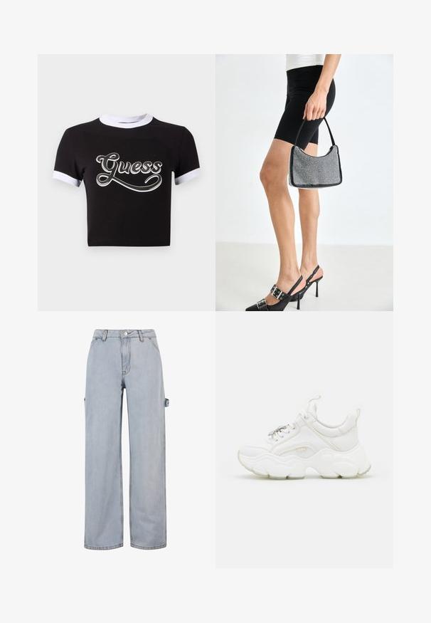Schwarzes Crop-Top aus Baumwolle mit weißen Akzenten am Kragen und an den Ärmeln. Auf der Vorderseite befindet sich ein großes weißes "Guess"-Logo.; Hellblaue Denim-Jeans mit weitem Bein, Knopf- und Reißverschluss, Gürtelschlaufen und einem seitlichen Detail an einem Bein. Ohne sichtbare Abnutzungen.; Weisse, klobige Sneaker aus Leder und Netzmaterialien, mit einer dicken Sohle, abgerundeter Zehenpartie und dekorativen Schnürsenkeln. Leicht strukturierte Akzente.; Schwarze Perlen-Handtasche mit geschwungener Silhouette, Tragegriff und glänzender Textur. Kombiniert mit schwarzen High Heels und enganliegenden schwarzen Shorts.