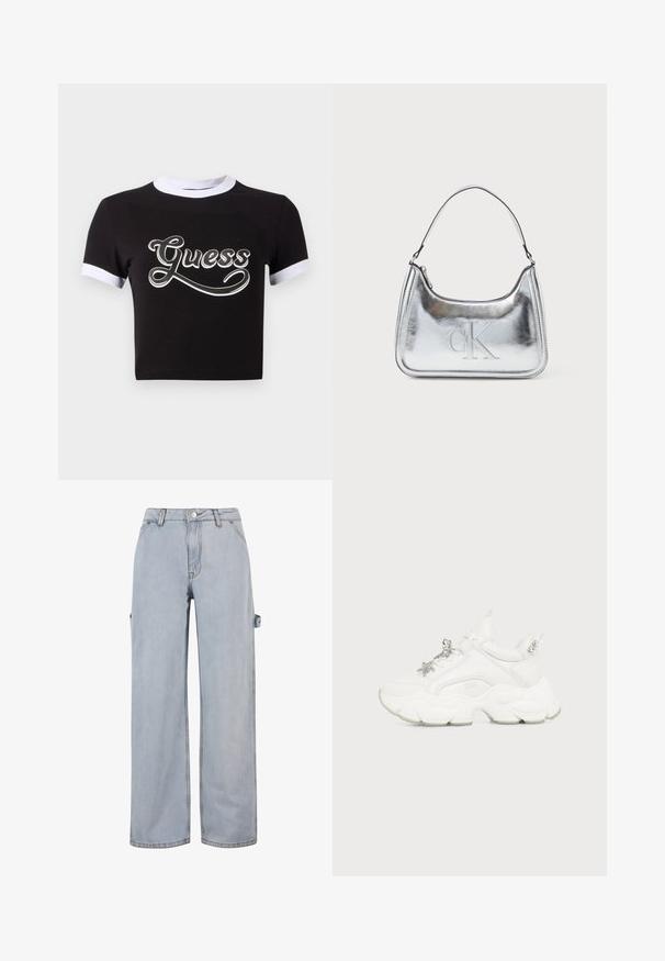Sort crop top lavet af bomuld med hvide detaljer på krave og ærmer. Har et stort hvidt "Guess" logo på forsiden.; Lyseblå denimjeans med brede ben, knap- og lynlåslukning, bæltestropper og en sideløkke detalje på det ene ben. Ingen synlige slidmærker.; Hvid chunky sneaker med tyk tekstureret sål, sølv charms i form af stjerne og sommerfugl på snørebånd og sølv nitter på hælflappen.; Sølvmetallic håndtaske med en buet form, lynlåslukning og skulderrem. Har et præget "CK" logo på fronten.