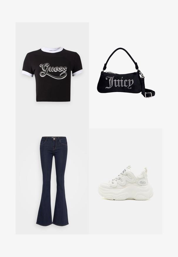 Sort crop top lavet af bomuld med hvide detaljer på krave og ærmer. Har et stort hvidt "Guess" logo på forsiden.; Mørke denim flare jeans med en tætsiddende talje, der har en forsænket knaplukning, fem-lomme design og sømdetaljer langs benene.; Hvide chunky sneakers med overdel i mesh og syntetisk materiale, buet form, tekstureret sål og fremtrædende snøresystem med logo detaljer.; Sort fløjl skuldertaske med "Juicy" stavet i rhinsten, med en kort håndtag og en aftagelig justerbar rem med sølvspænde.
