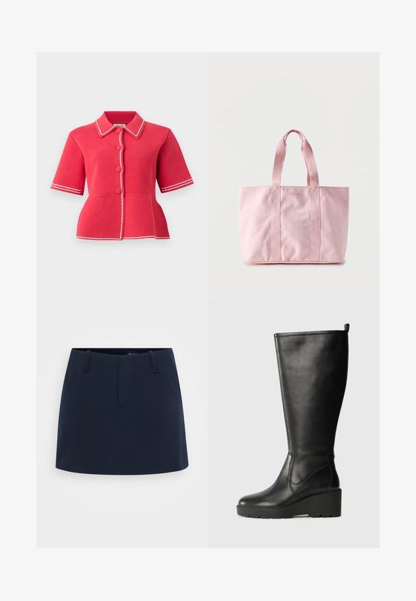 Cárdigan de punto de manga corta en rosa brillante con ribete blanco cosido, botones cubiertos de tela y detalle entallado en la cintura con peplum.; Falda azul marino con un diseño ajustado, que presenta un frente plano, trabillas para cinturón y sin bolsillos visibles. Hecha de un tejido texturizado.; Botín negro de cuero hasta la rodilla con suela de cuña, textura suave, diseño sin costuras y una pequeña pestaña en la parte superior para facilitar su uso.; Bolsa tote de color rosa claro con asas con la marca y un sutil logo "HUGO" en el frente, fondo liso.