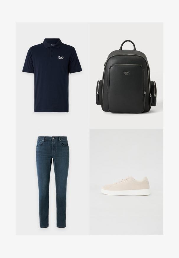Polo shirt bleu marine en coton, avec un col, des manches courtes et un logo EA7 blanc sur la poitrine gauche. Design à coupe classique.; Jeans bleu foncé à coupe slim, design à cinq poches et fermeture à bouton. Fabriqués en denim avec une texture lisse et un léger délavage.; Baskets en daim beige avec semelles en caoutchouc blanc, bout rond et six œillets pour les lacets. Texture lisse avec un design minimaliste.; Sac à dos noir avec des fermetures éclair argentées, des poches frontales et latérales, et un petit logo aigle Armani argenté au centre de la face avant.