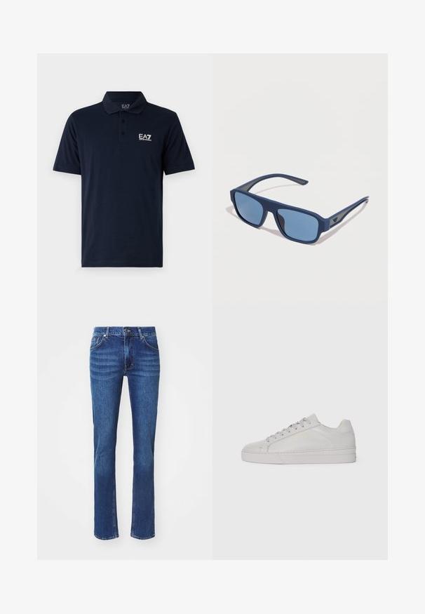 Polo de color azul marino fabricado en algodón, con cuello, mangas cortas y un logo blanco de EA7 en el lado izquierdo del pecho. Diseño de corte clásico.; Vaqueros de mezclilla azul oscuro con un diseño de pierna recta, que presentan un sutil desgaste, cinco bolsillos y un cierre de botón. Costuras en un tono neutro que los destacan.; Zapatilla de cuero gris claro con una textura suave, punta redondeada, suela de goma plana y cordones tonales. Presenta una marca mínima en dorado.; Gafas de sol rectangulares azules con lentes tintadas oscuras y un logo sutil en la varilla, exhibidas sobre un fondo blanco.