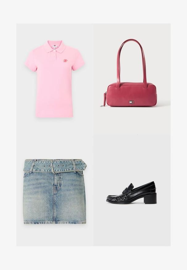 Lyserød kortærmet polo med to hvide knapper og små røde broderede initialer på venstre bryst.; Denim miniskirt med en lys blå vask, som har en belagt talje med en metalspænde, fem lommer og subtil slid, der giver tekstur.; Sorte læder loafers med en bølget front, rund tå og en blokhælc. Har et dekorativt bånd og syninger langs kanterne.; Lyserød læderhåndtaske med rektangulær form, dobbelte håndtag og en lille metalemblem på fronten, med en glat, blank tekstur.