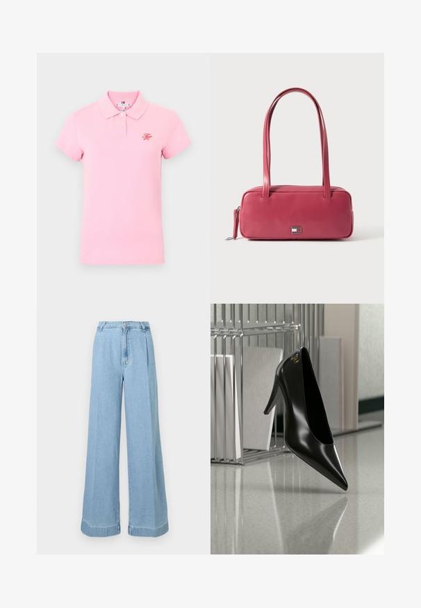 Hellrosa kurzärmliges Poloshirt mit zwei weißen Knöpfen und kleinen roten gestickten Initialen auf der linken Brust.; Helle blaue Jeans im weit geschnittenen Schnitt mit hoher Taille, Falten an der Vorderseite und einem rohen Saum für einen lässigen Look.; Schwarzer High-Heel-Schuh mit spitzer Zehe und goldem Logo, auf einer reflektierenden Oberfläche nahe einem verchromten Draht-Organizer mit Dokumenten positioniert.; Rosa Ledertasche mit rechteckiger Form, zwei Griffen und einem kleinen Metallemblem auf der Vorderseite, mit einer glatten, glänzenden Oberfläche.